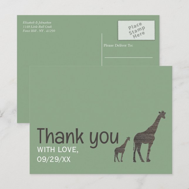Cartão Postal Girafa Clay Safari, Agradecimento de Casamento Rús (Frente/Verso)