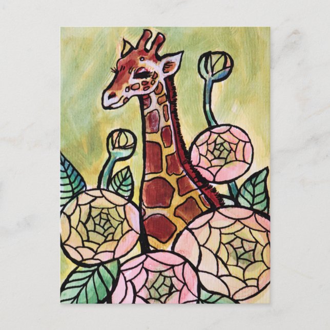 Cartão Postal Girafa e flores Girafas ilustram floral (Frente)