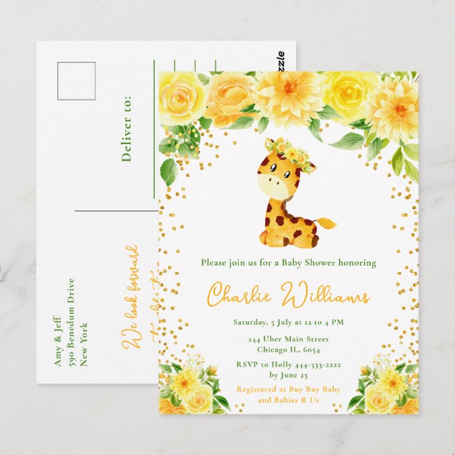 Cartão Postal Girafa Gênero Chá de fraldas neutro (Frente/Verso)