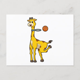 Cartão Postal Girafa no Basquetebol com aro de basquete