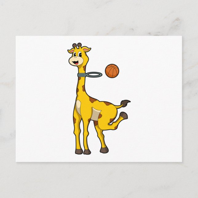 Cartão Postal Girafa no Basquetebol com aro de basquete (Frente)