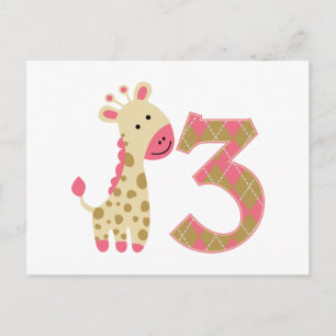 Cartão Postal Girafa Rosa aniversário de 3 anos