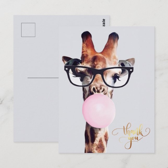 Cartão Postal Girafa Usando Óculos chiclete Obrigado (Frente/Verso)