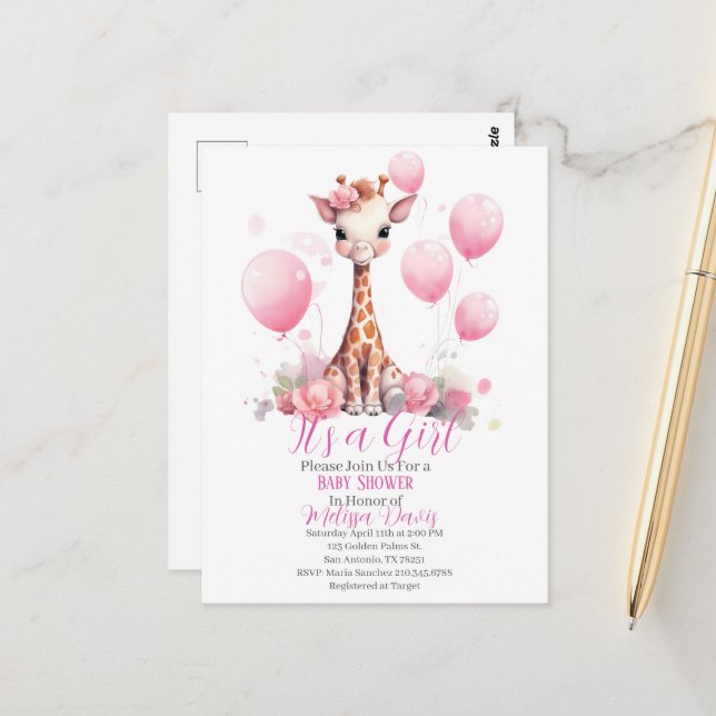 Cartão Postal Giraffe Girl Baby Shower Invitation (Frente/Verso In Situ)