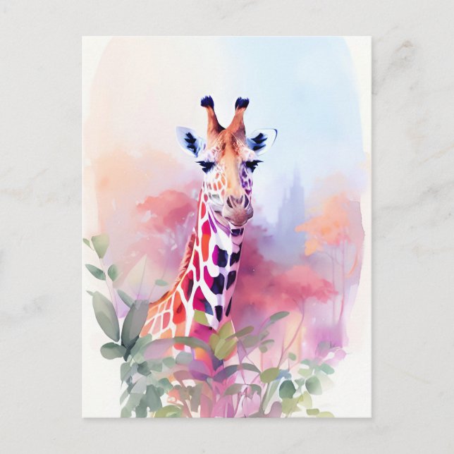Cartão Postal Giraffe Watercolor Retrato 2 (Frente)