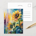 Cartão Postal Girassóis Abstrato moderna pintura floral<br><div class="desc">Uma vibrante pintura de estilo abstrato impressionista dos girassóis. O trabalho de arte apresenta pinceladas texturizadas em matizes em negrito amarelo, azul e verde. A dinâmica escova e as cores vivas criam um sentido de movimento, capturando a beleza e a energia dos girassóis em estilo fresco e contemporâneo. As texturas...</div>