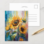 Cartão Postal Girassóis Abstrato moderna pintura floral<br><div class="desc">Uma vibrante pintura de estilo abstrato impressionista dos girassóis. O trabalho de arte apresenta pinceladas texturizadas em matizes em negrito amarelo, azul e verde. A dinâmica escova e as cores vivas criam um sentido de movimento, capturando a beleza e a energia dos girassóis em estilo fresco e contemporâneo. As texturas...</div>