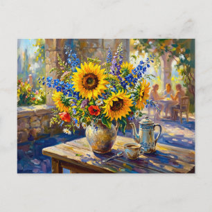 Cartão Postal Girassóis Delphinium Jardim Passagem