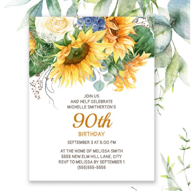 Cartão Postal Girassóis Eucalyptus 90 Birthday (Sunflowers and eucalyptus leaves women's 90th birthday party invitation)