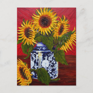 Cartão Postal Girassol Amarelo de Paris em Fundo Vermelho