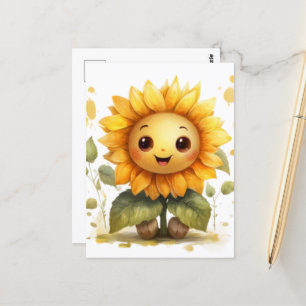 Cartão Postal Girassol Amarelo Fofo e Feliz