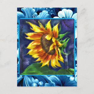 Cartão Postal Girassol Azul Noturno Flor Verde Amarelo Floral