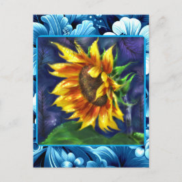 Cartão Postal Girassol Azul Noturno Flor Verde Amarelo Floral