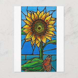 Cartão Postal Girassol e Borboleta Arte—Estilo de vidro mancha