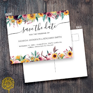 Cartão Postal Girassol Rosa Borgonha Rústico Outono Floral Casam