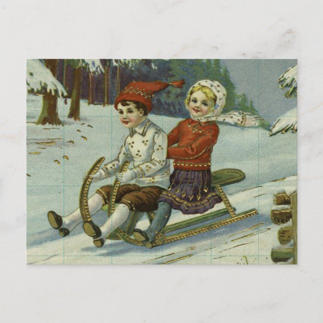 Cartão Postal Girl and boy enjoy a sleigh ride illustration (Frente)