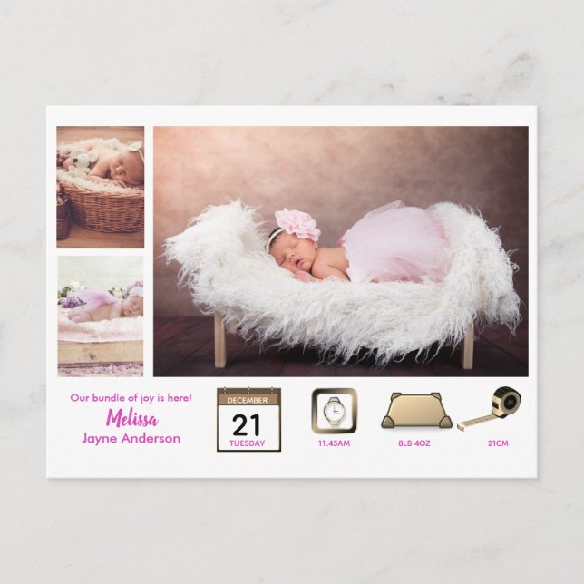 Cartão Postal Girl BABY STATS Foto Collage Modern Pink (Frente)