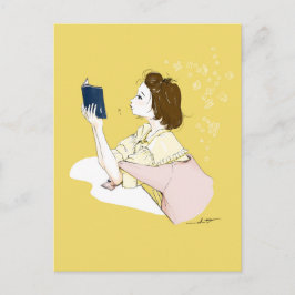 Cartão Postal Girl Reading Watercolor Illustration