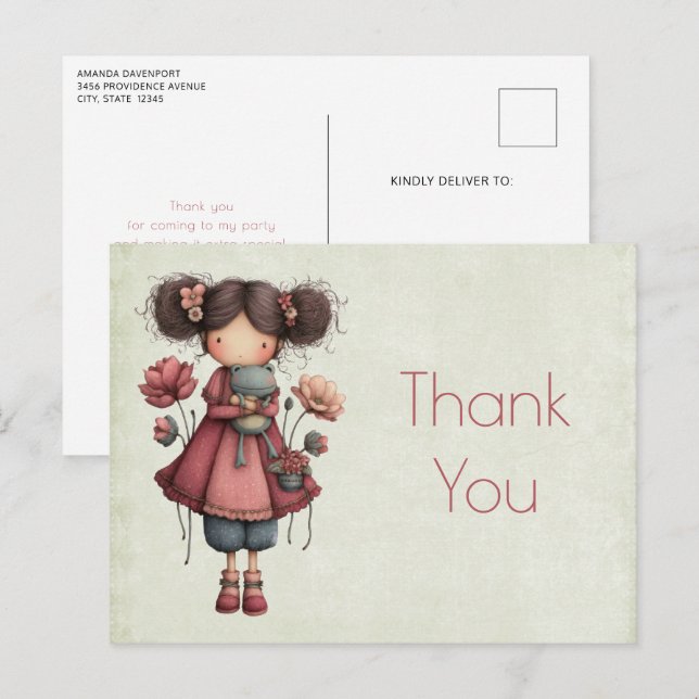 Cartão Postal Girl with A Frog Doll Cute Whimsical Thank You (Frente/Verso)