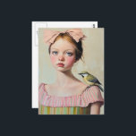 Cartão Postal Girl with Cute Bird on Her Shoulder<br><div class="desc">A whimsical cute bird stands in her shoulder oil painting style AI generated art</div>
