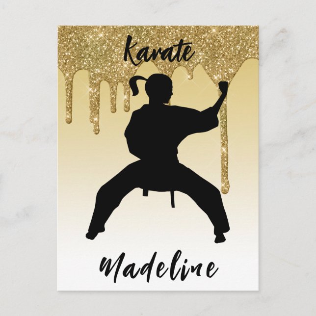 Cartão Postal Girls Karate Stance Glitter Dribler Ombre Dourado (Frente)