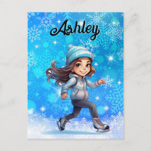 Cartão Postal Girls Winter Ice Skate Figura Skate Floco de neve