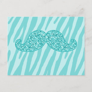 CARTÃO POSTAL GIRLY TEAL GLITTER MUSTACHE ZEBRA STRIPES