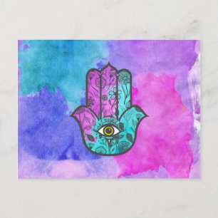 Cartão Postal Girly Watercolor Floral Impressão Hamsa Mão de Fát