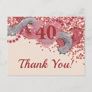 Cartão Postal Glam 40º Aniversário Vermelho Brilho & Penas Obrig