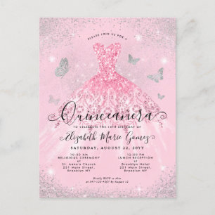 Cartão Postal Glam Blush Pink Silver Glitter Quinceanera