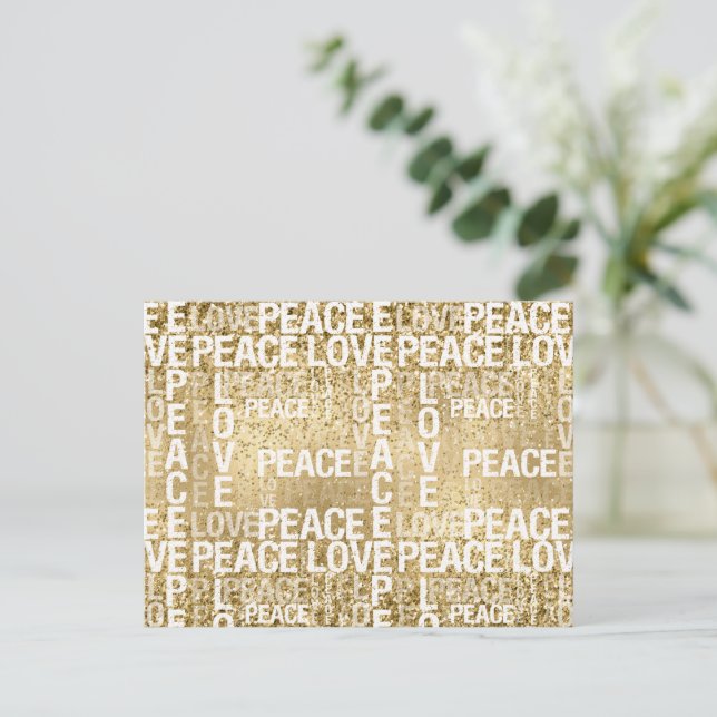 Cartão Postal Glam Dourado Peace Love Glitter (Em pé/Frente)