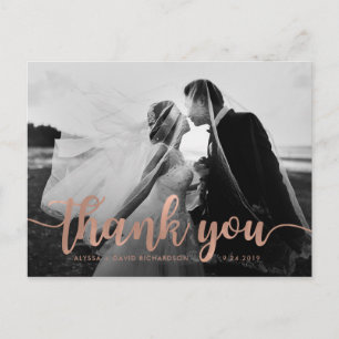 Cartão Postal Glam Faux Rosa Dourado Casamento Foto Obrigado