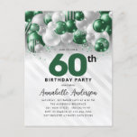 Cartão Postal Glam Green Silver Balloon Glitter 60º Aniversário<br><div class="desc">Glam Moderno Emerald Green Silver Balão Glitter Desperta Qualquer Convite De Aniversário De Idade</div>