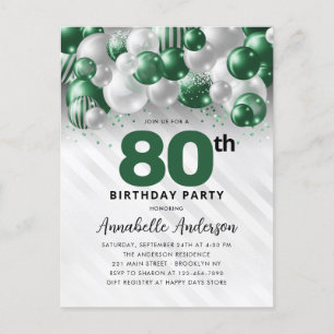 Cartão Postal Glam Green Silver Balloon Glitter 80 Birthday