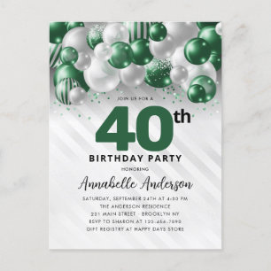 Cartão Postal Glam Green Silver Balloon Glitter aniversário de 4