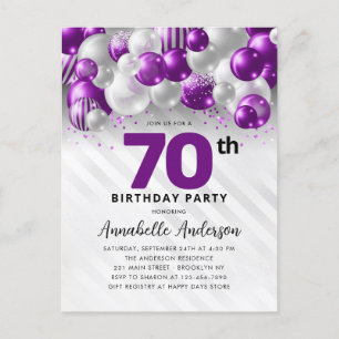 Cartão Postal Glam Purple Silver Balloon Glitter 70 Birthday