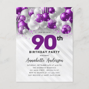 Cartão Postal Glam Purple Silver Balloon Glitter 90 Birthday