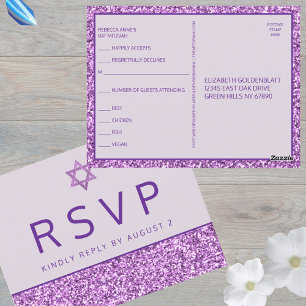 Cartão Postal Glam Purple Simples RSVP para Bat Mitzvah Moderno