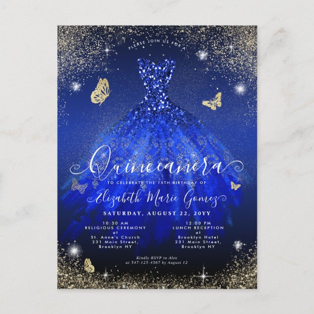 Cartão Postal Glam Royal Blue Glitter Gown Quinceanera (Frente)