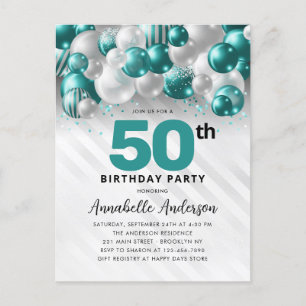 Cartão Postal Glam Teal Silver Balloon Glitter 50º Aniversário