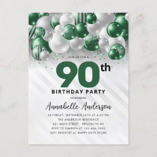 Cartão Postal Glam Verde Balão Prateado Brilho 90º Aniversário 
