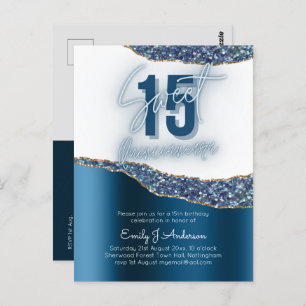 Cartão Postal Glamor Azul Silver Glitter Quinceanera 15
