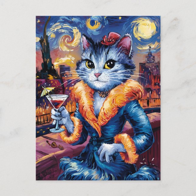 Cartão Postal Glamour cat Lady Art (Frente)