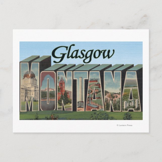 Cartão Postal Glasgow, Montana - Cenas com Letras Grandes (Frente)