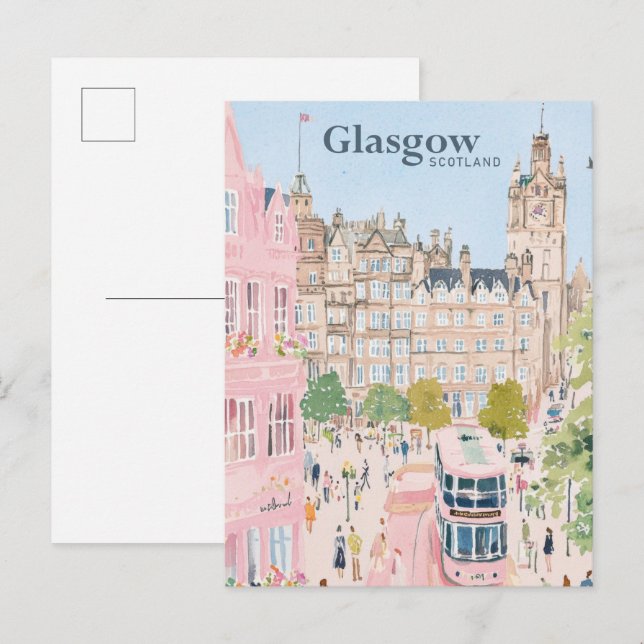 Cartão Postal Glasgow Scotland Gouache Paint Viagem (Frente/Verso)