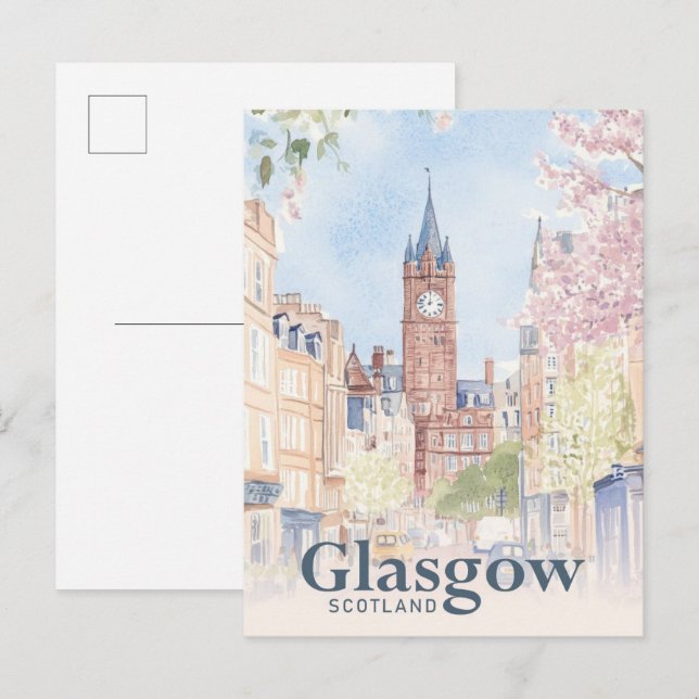 Cartão Postal Glasgow Scotland Watercolor Painting Viagem (Frente/Verso)