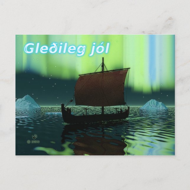 Cartão Postal Gleðileg Jól - Luzes De Viking E De Norte (Frente)