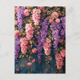 Cartão Postal Glicínias e Rosas Rosadas em Flor