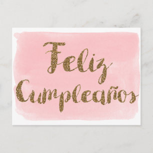 Cartão Postal Glitter Dourado de Aquarela Rosa Feliz Cumpleanos