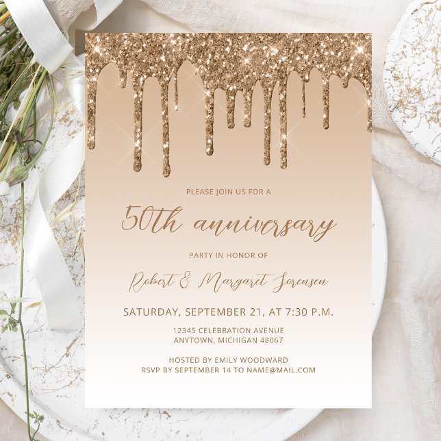 Cartão Postal Glitter Drip Dourado Aniversário de 50 Anos Script (Criador carregado)